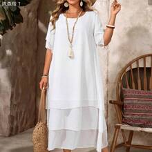 jianchaimaoyi02  Vestido casual de talla grande, vestido bohemio de verano fluyente con cuello redondo, sin mangas, dobladillo asimétrico, adecuado para primavera y verano, - Niebla azul - Ver 5