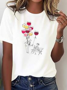 Camiseta estampada para mujer Line Art, cómoda y versátil, de manga corta informal. - Blanco - Ver 1