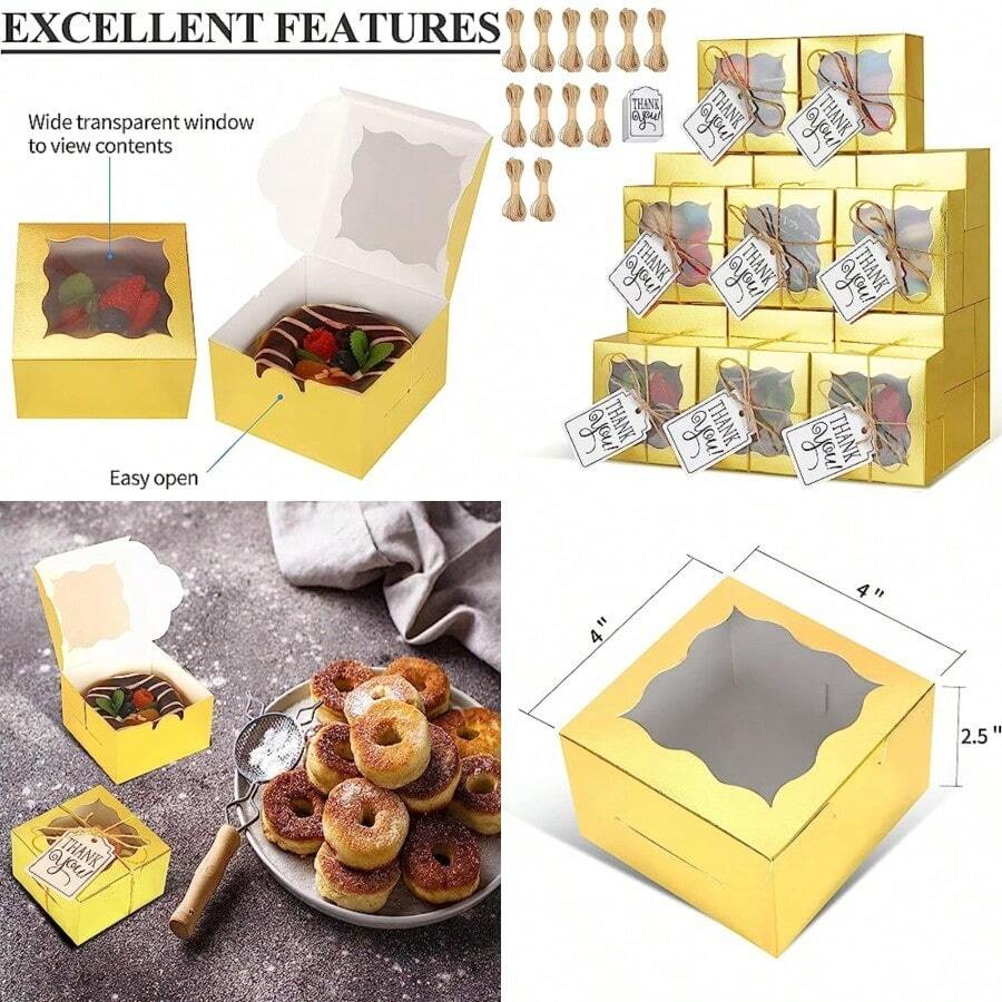KPOSIYA - 1 cajas de panadería doradas con ventana cajas individuales para cupcakes de.16 x.16 x 6.35 cm caja de regalo de papel kraft dorado para pasteles galletas pasteles donas - Aire - Ver 1
