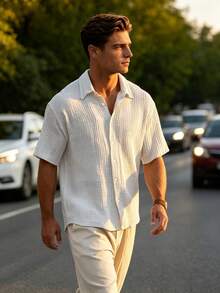 Men's Casual Short-Sleeve Shirt, Loose And Lightweight In Cotton, Basic Style For Summer - White - View 2