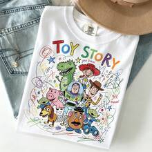 Unisex Disney Baumwoll-T-Shirt With "Toy Story" Kreide-Art-Print, Bunte Charaktere And "Yee Haw" Schriftzug Im Kindlichen Doodle-Stil - 白色 - 查看 1