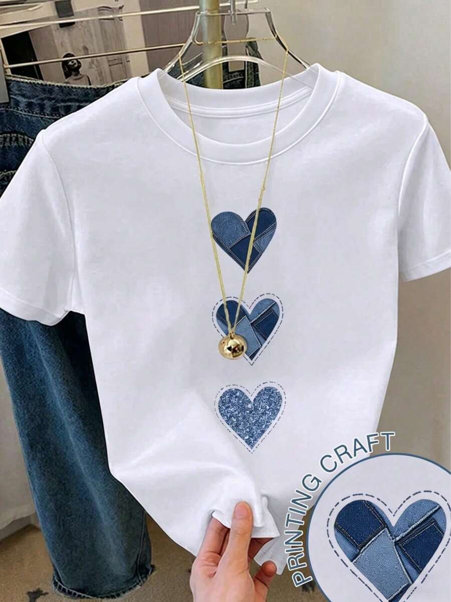 Women's Casual White Short Sleeve Round Neck T-Shirt With Denim Patchwork Heart Design, Regular Fit Polyester Top For Daily Wear - 奶油色 - 查看 1