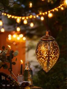 1pc Iron Solar Powered Moroccan Style Hollow Water Drop Pendant Garden Light Outdoor Yard Lamp - Water Droplet Lamp - View 5