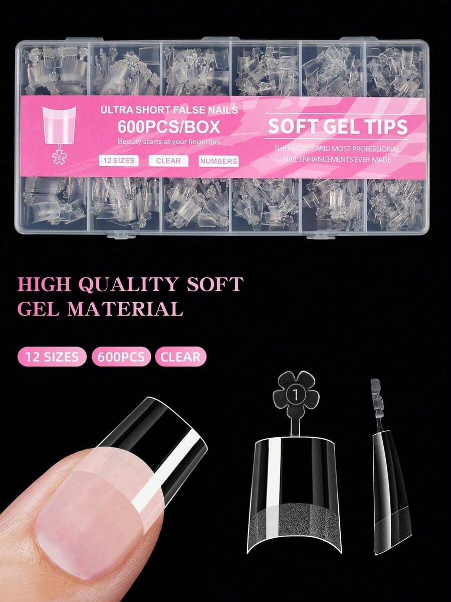 120 buah Kuku Palsu Setengah Penutup Bentuk Trapesium, Ujung Ekstensi Kuku Palsu Semi-Matte, Ujung Kuku Gel Lembut Bentuk Almond Ultra Pendek - Clear - View 1