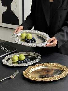 1pc French Vintage Relief Gold & Silver Rimmed Tray, Luxury Metal Jewelry Dish, Desktop Fragrance & Cosmetic Organizer, European Carved Metal Oval Tray, Vintage Relief Gold Rimmed Display Plate, Luxury Style Relief Pattern Metal Dish, Gold & Silver Contrast Design, Desktop Aromatherapy Jewelry & Afternoon Tea Tray - Multicolor - View 3