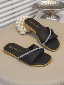Sandalias negras con pedrería para niñas, diseño retorcido, suela blanda, cómodas para exteriores, nuevas para el verano - Negro - Ver 4