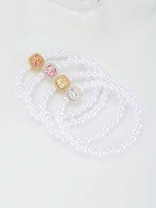 1pc Pure Tender Faux Pearl Beaded Bracelet Square Rhinestone Bow Charm For Girls Dreamy Accessories For Family Dinner And Ballet Dance Class - White - View 5