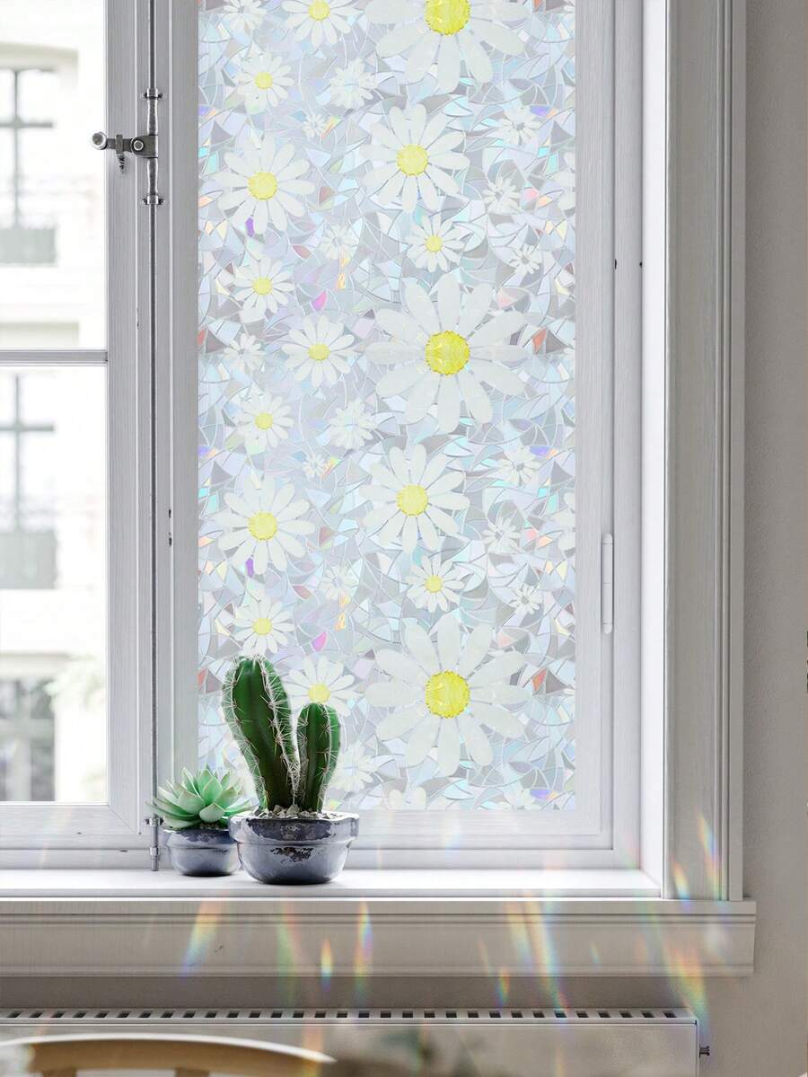 1 Roll White Daisy Mosaic Window Film, 44.5cm(17.5in) Width, Static Cling Non-Adhesive Privacy Glass Sticker, Iridescent Holographic Prism Effect, UV Blocking, Removable, With Installation Tools, For Home Office School Classroom Dormitory - Feverfew - View 1