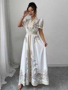 Vestido de Manga Corta con Estampado Floral y Cintura Ajustada al estilo Bohemio - amarillo ganso - Ver 5