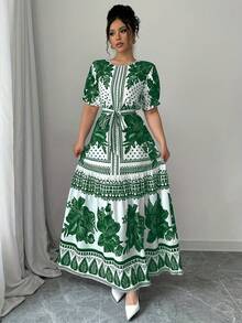 New 2026 Model: Floral A-Line Dress, Short Sleeve, Boat Neck, Elegant For Summer - Pale Yellow - View 4