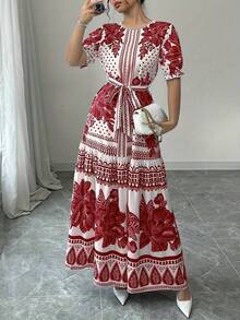 New 2026 Model: Floral A-Line Dress With Short Sleeves And Boat Neck, Elegant For Summer - Pearl White - 查看 1