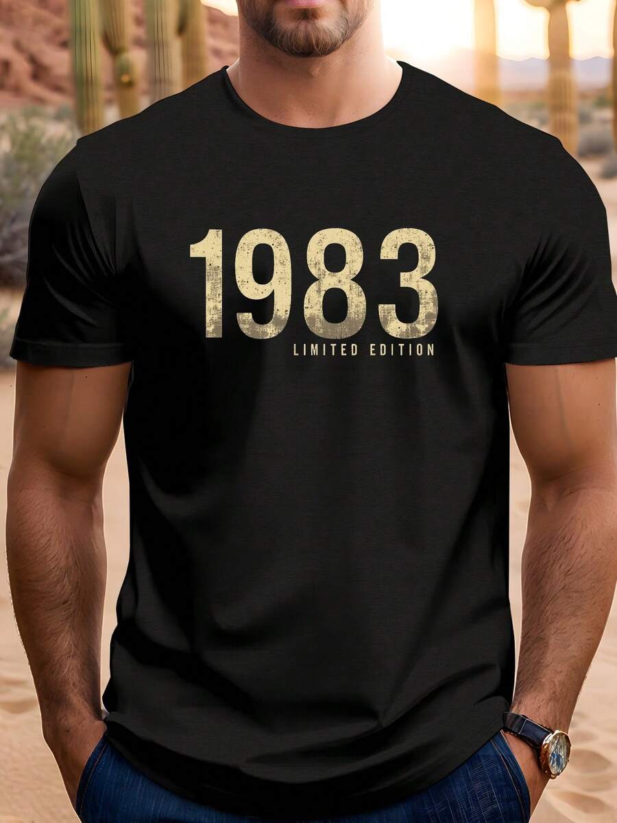 Camiseta de Hombre Edición Limitada 1983 - Estampado Vintage Dorado y Negro, Cuello Redondo Casual, Manga Corta, Camiseta Ligera de Verano, Estilo Vintage - Negro - Ver 1