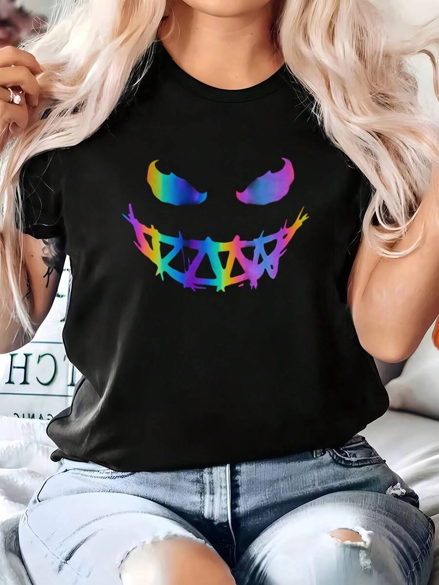Camiseta estampada de manga corta para mujer, un básico del armario de primavera/verano, perfecta para vacaciones, estilo urbano a la moda y para el día a día, salidas y vacaciones. - Negro - Ver 1