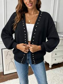 Plus Size Elegant Black Pearl Decor Knitted Cardigan, Casual V-Neck Lantern Sleeve Open Front Sweater, Winter Layering Women's Daily Outing Top Fall - Black - View 3