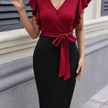 MewMuse. Vestido de verano elegante con cuello en V, mangas cortas, volantes en el bajo y parches de colores contrastantes para mujer - Azul y blanco - Ver 6