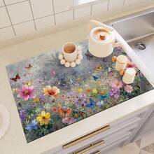 1pc Dish Drying Mat, Coffee Machine Mat, Watercolor Floral & Butterfly Nature Pattern Absorbent Mat, Durable, Excellent Water Absorption, Suitable For Dining Table, Cafe And Other Scenes, Adds Natural Fresh Style To Tabletop, Multi-Purpose Drainage Mat, Home Gift, Tabletop Decor - XYLSD-467 - View 6