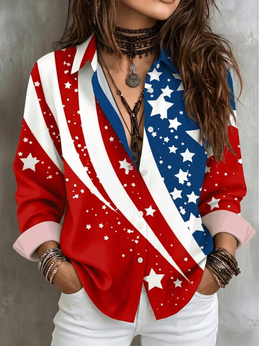 Patriotic Red White Blue Flag Pattern Casual Plus Size Women Blouse, Bohemian V-Neck Long Sleeve Top, Fashionable Versatile Ladies Apparel - Red - View 1