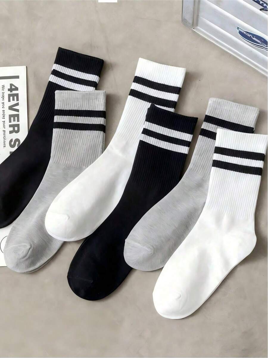 30/20/10pcs Unisex Spring/Autumn Double Stripe Sports Socks, Black/White/Gray Solid Color Minimalist Casual Socks, Breathable Versatile Daily Wear - Multicolor - View 1