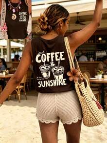 Coffee Lovers Club Graphic Sleeveless Summer Vacation Beach Women's Casual Round Neck Tank Top - Coffee Brown - View 1