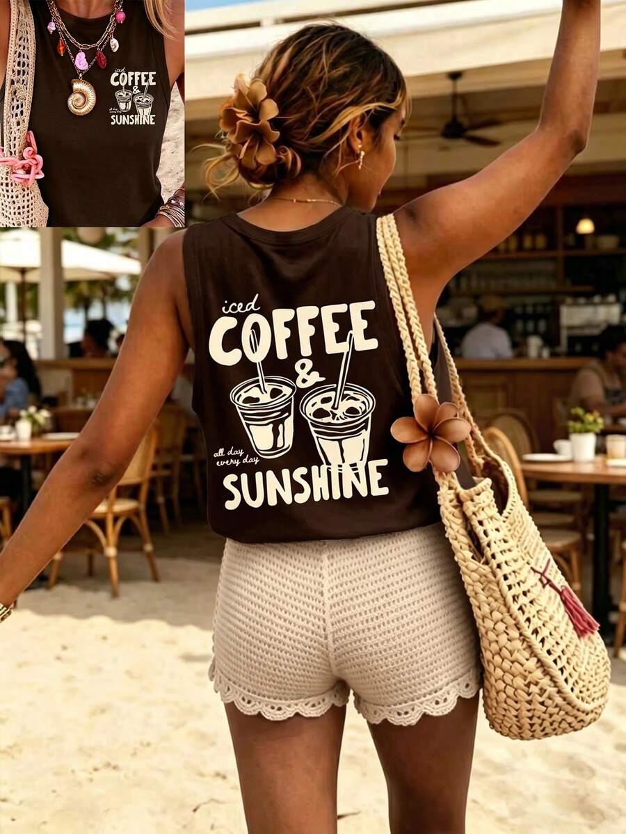 Coffee Lovers Club Graphic Sleeveless Summer Vacation Beach Women's Casual Round Neck Tank Top - Coffee Brown - View 1