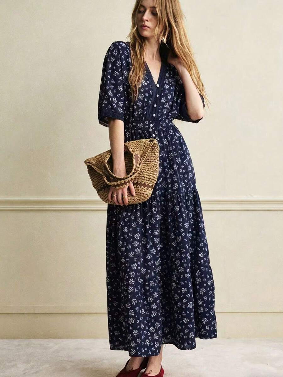 MSÉcloséra Vestido de vacaciones, vestido de oficina, vestido elegante, vestido floral, vestido rojo, vestido de encaje, vestido estampado, vestido de primavera/veranoMS2-15 GBZZ - Azul marino - Ver 1