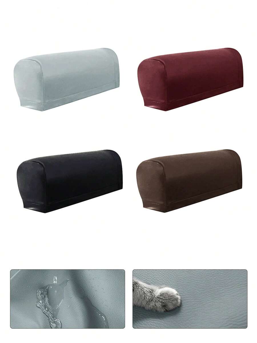 1 Pair PU Waterproof Sofa Armrest Covers (4 Pads Included), Classic Minimalist Design, Elastic Dust-Proof Sofa Armrest Protectors, Anti-Cat Scratch, Removable And Washable, Suitable For Living Room, Study, Bedroom Sofa Armrests, Brown, Wine Red, Light Gray