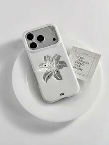 1PC Korean Style White Pleated Silver Lily Flower Full Edge Protective Phone Case Compatible With Iphone 17 Pro Max, 16, 16 Pro Max, 15, Anti-Drop Cute Niche Design For Women - Silver - View 3