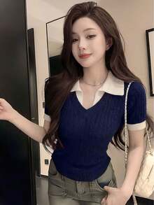 新款春夏甜美性感深色撞色扭纹V领修身短袖女式毛衣 - 寶藍色 - 查看 5