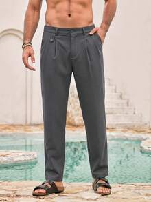 Mercer Haus Men's Casual Plain Color Folding Pleated Slanted Pocket Trousers , Suitable For Summer Tropical Holiday Vacation In Hawaii. - Dark Grey - View 1