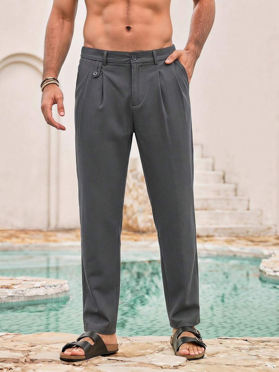 Mercer Haus Men's Casual Plain Color Folding Pleated Slanted Pocket Trousers , Suitable For Summer Tropical Holiday Vacation In Hawaii. - Dark Grey - View 1