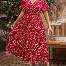 yonghongmaoyi1  CURVE Vestido casual de manga corta con cuello en V y cintura ceñida con estampado floral pequeño, adecuado para uso al aire libre, - Amarillo - Ver 6