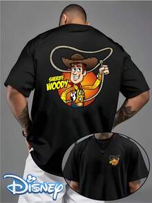 Disney Genuine Authorization, Toy Story Lasso Sheriff Woody Pattern Printing, Men's Short-Sleeved T-Shirts, Comfortable Casual Wear, Men's T-Shirts. - 黑色 - 查看 1