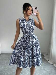 Women's Elegant Sleeveless Printed Maxi Dress with Belt, Fashion Waist Tie Party Gown, Summer New Arrival Formal Evening Dress - Azul lavado medio - Ver 1
