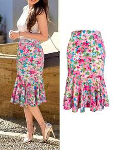 Floral Fitted Mermaid Skirt With High Waist Design, Ruffle Hem, Polyester Fabric, Elastic Waist, Suitable For Spring/Summer Vacation Wear Pink - Pink - View 1