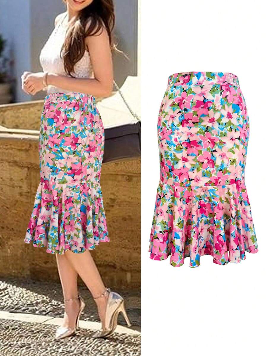 Floral Fitted Mermaid Skirt With High Waist Design, Ruffle Hem, Polyester Fabric, Elastic Waist, Suitable For Spring/Summer Vacation Wear Pink - Pink - View 1
