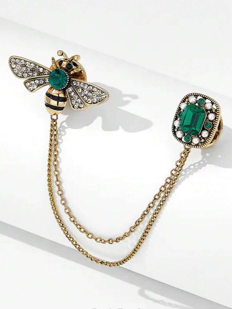 1pc High-End Luxury Baroque Green Tassel Chain Brooch, Vintage Palace Style Clothing Accessory, Elegant Fashion Pin For Holiday Dress