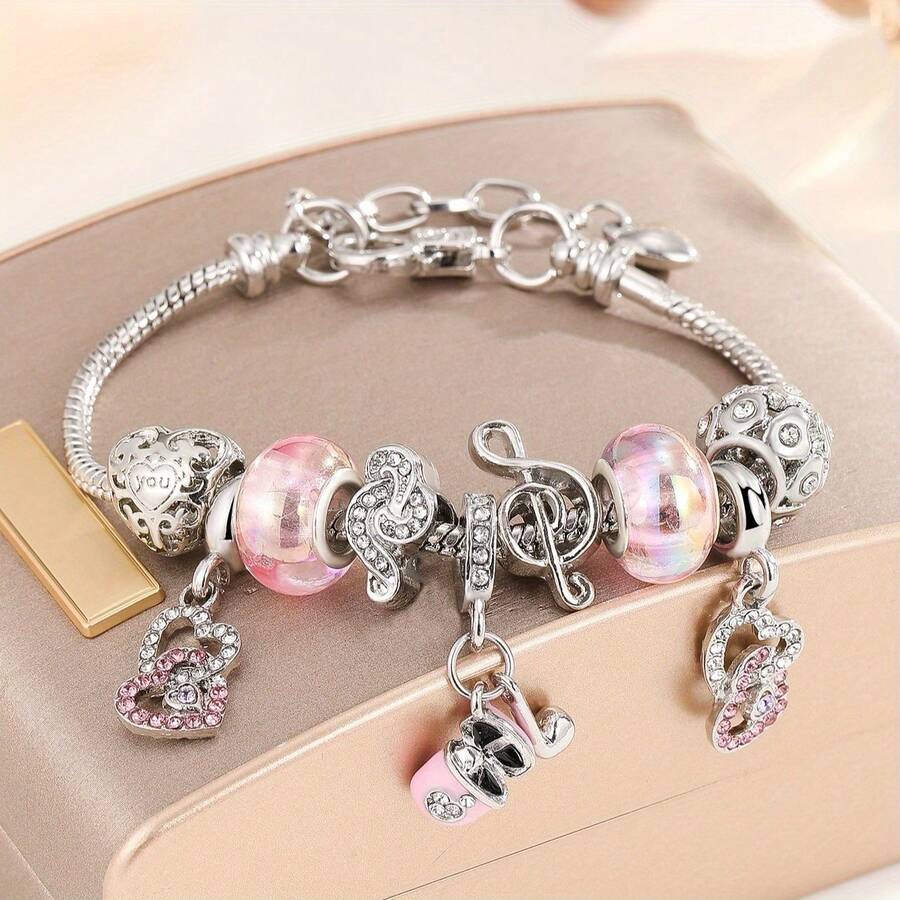 1pc Sweet Style Pink Tone Musical Note Beaded Bracelet With Hollow Heart Pendant Silver Snake Chain Adjustable Everyday Versatile Accessory - Musical Note Beaded Bracelet - View 1