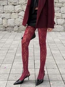 Women's Plus Size High Elasticity Floral Pattern Mesh Leggings, Gothic Style Lace Versatile Tight Tights, Y2K Black Transparent Stockings, Perfect Choice For Valentine's Day - Burgundy - View 1