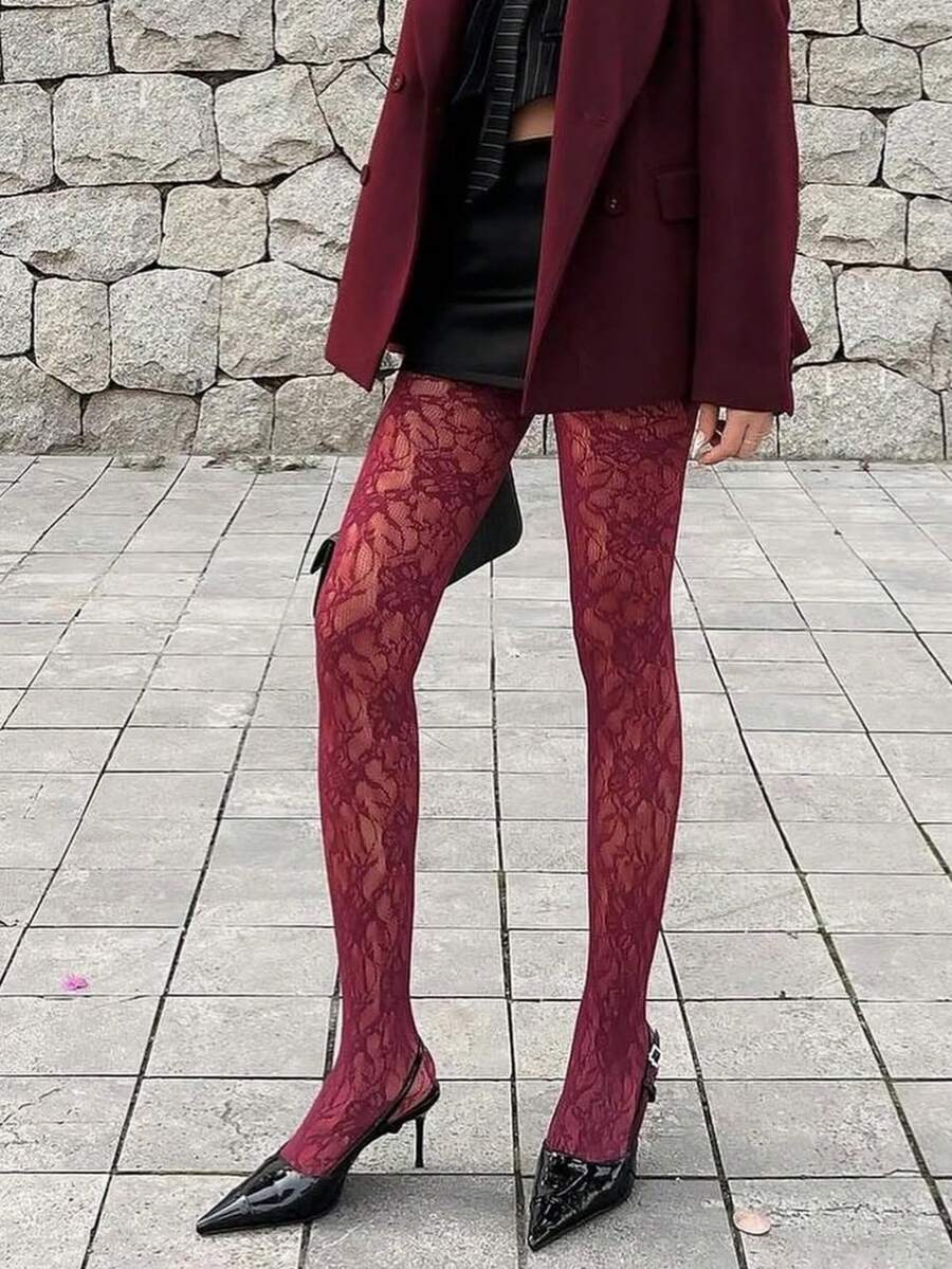 Women's Plus Size High Elasticity Floral Pattern Mesh Leggings, Gothic Style Lace Versatile Tight Tights, Y2K Black Transparent Stockings, Perfect Choice For Valentine's Day - Burgundy - View 1