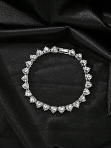 18K Gold-Plated Stainless Steel Diamond Heart Bracelet Set, 14K Gold Cubic Zirconia Open Bangle Bracelet, Fashionable Daily Wear, Holiday Gift For Women - Silver - View 5