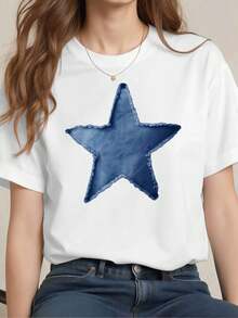 Camiseta de estrellas azules para mujer, primavera, tela de alta calidad, cuello redondo, corte holgado, cómoda, casual - Blanco - Ver 1