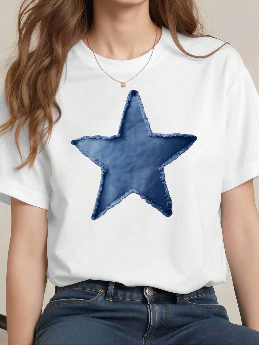 Camiseta de estrellas azules para mujer, primavera, tela de alta calidad, cuello redondo, corte holgado, cómoda, casual - Blanco - Ver 1
