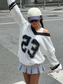 Plus Size Women's V-Neck Digital Print Dropped Shoulder Lantern Long Sleeve Casual Loose Pullover Sweater For Autumn And Winter - White - View 6