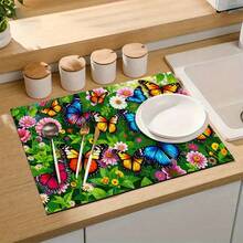 1pc Dish Drying Mat, Coffee Machine Mat, Colorful Butterfly Floral Print Durable Absorbent Drainage Mat, Suitable For Dining Table, Cafe And More, Multi-Purpose Water-Draining Mat, Home Gift, Tabletop Decor - XYLSD-472 - View 7