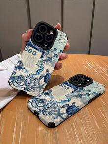 1個 鯨鯊藍圖案拼接垂直條紋仿皮革紋理經典防震柔軟矽膠手機殼，適用於 Apple 16/16PLUS/16PRO/16PROMAX - 彩色 - 查看 2