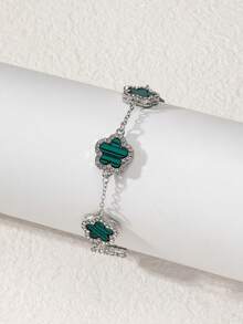 1pc Five-Leaf Clover Multicolor Rhinestone Inlaid Fashionable Elegant Premium Women's Bracelet (No Packaging Box) - Silver Stripes - View 5