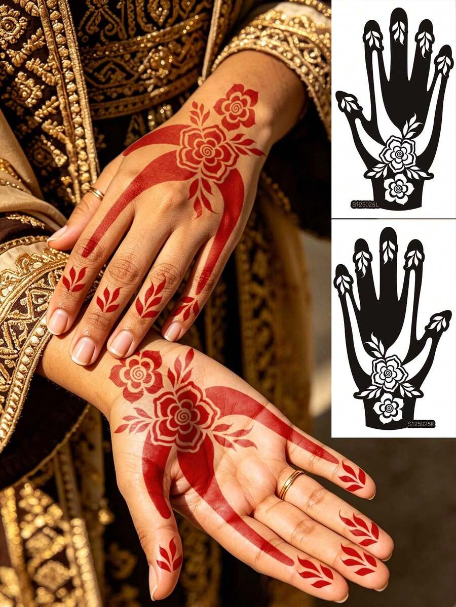 2pcs Palm Tattoo Stencil Set, Hollow Palm Tattoo Stencils, Symmetrical Floral Geometric DIY Painting Templates, Universal For Left And Right Hand Back And Finger Decoration