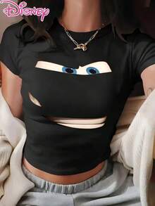 Form-Fitting Disney Cars Fan Tee | Cool Lightning McQueen Smiling Face Print | Race Car-Themed Crop Top - 黑色 - 查看 1