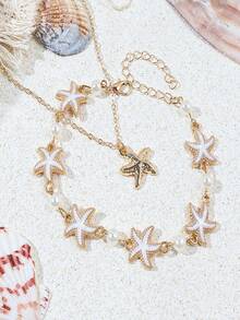 1pc Bohemian Style Starfish & Faux Pearl Layered Gold Chain Anklet, Versatile Beach Vacation Accessory - Multicolor - View 4