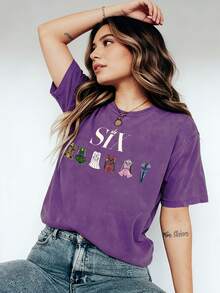 Six The Musical 90s Vintage Armor Graphic Print T-Shirt, Casual Short Sleeve Crew Neck Top Women's Clothing, Retro Loose-Fit T-Shirt - 深層目的 - 查看 2
